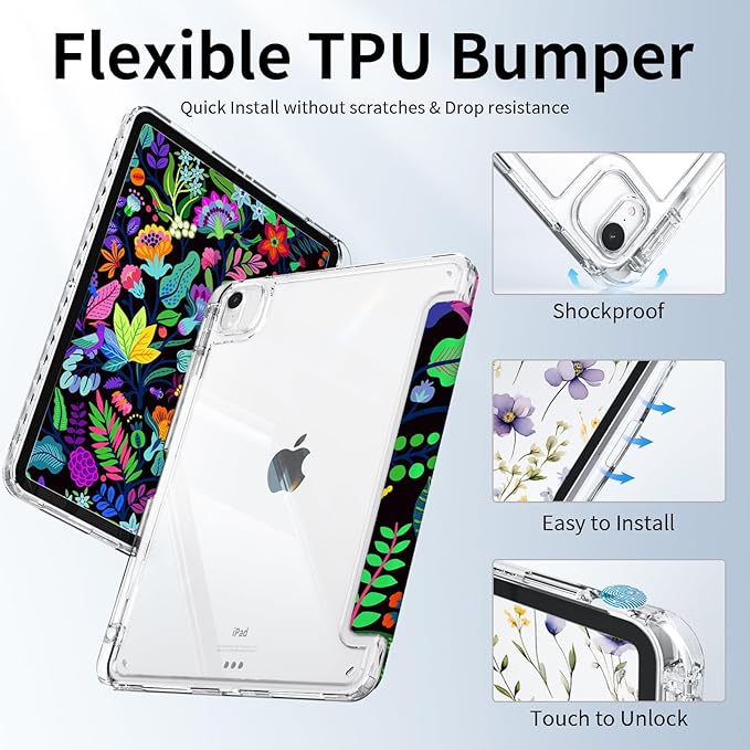 for ipad air 11 inch M2/M3 Case 2024/2025, ipad air 5th/4th Generation Case 10.9, ipad Pro 11 Cover 4th/3th/2th/1st, Trifold Stand with Pencil Holder, Slim Clear Cover, Leaf Floral