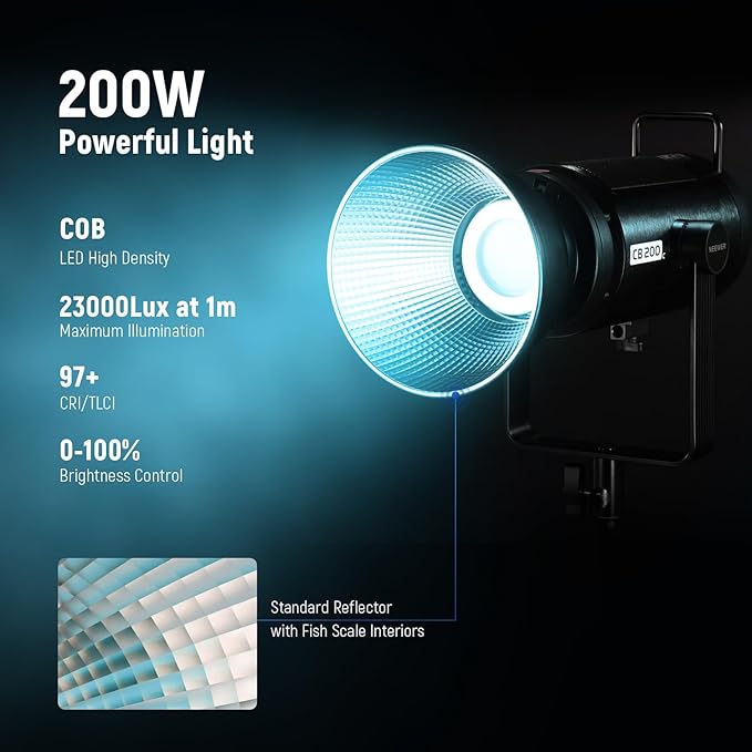 NEEWER CB200C 200W RGBWW COB LED Video Light, APP/2.4G 360° Color 2500K-7500K (Duv±0.0003) 23000lux/m Bowens Metal Shell Silent Continuous Output Lighting TLCI/CRI97+ for Photography Video Recording