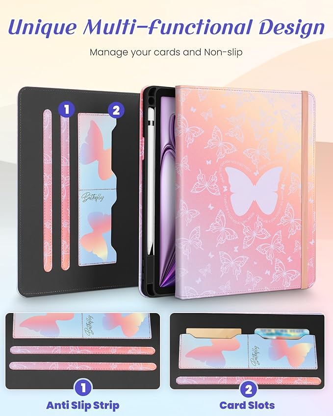 Kidcube for iPad Air 13 Inch Case (M3/M2)/for iPad Pro 12.9 Cases 6th/5th (2022/2021) - Women Girls Cute Rotating Stand Folio Cover with Pencil Holder & Card Slot Design Girly Kawaii Butterfly Cover