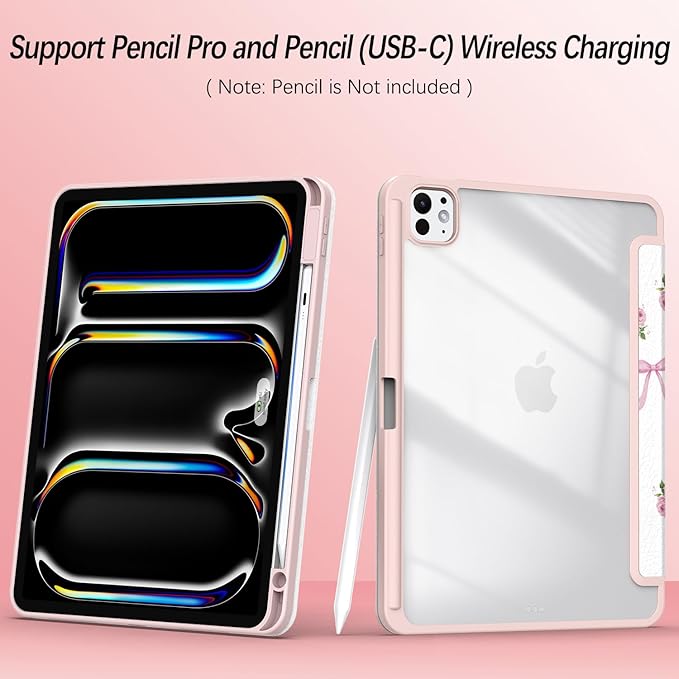 Case for iPad Pro 11-Inch M5/M4 2025/2024 (6th/5th Generation), Case with Pencil Holder, Clear Back Cover Cute Cool Design for Women Girls, Auto Sleep/Wake, Bow Rose