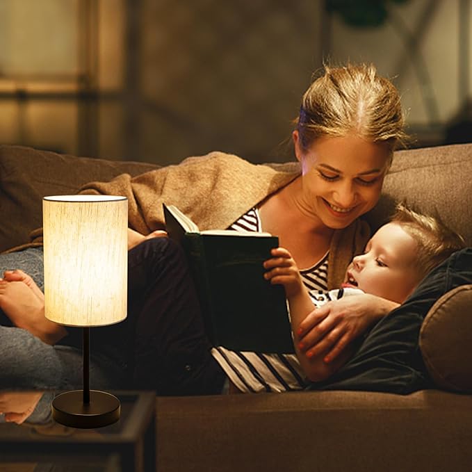 RISLG 2 Pack Small Table Lamps for Bedroom, Bedside Lamps for Nightstand with Wire Switch, Minimalist Modern Desk Lamps with Linen Fabric Shade for Kids Room Living Room Office Dorm, Bulb Included