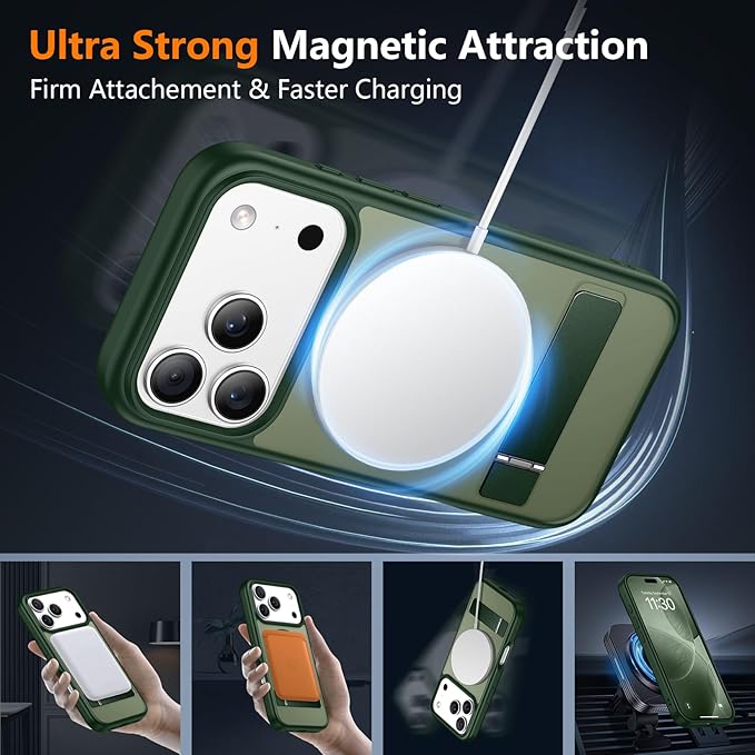 SPIDERCASE Magnetic for iPhone 17 Pro Max Case,with [3 Stand Ways] [Military Grade Drop Protection] with Invisible Stand Shockproof Slim Case for iPhone 17 Pro Max 6.9",Dark Green
