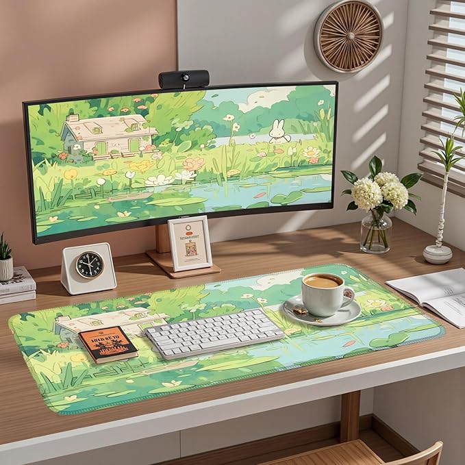 Cute Anime Bunny Forrest Green Mouse Pad Xl-31.5x15.7in-Desk Mousepad-Extended Aesthetic Keyboard Mouse Pad-for Desk Kid Girl with Stitched Edges Non-Slip Cozy Office Decor