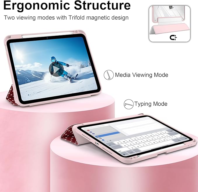 TWOLSKOO Case for iPad Pro 11-inch (M5 2025 / M4 2024), Clear Acrylic Back with TPU Bumper, Pencil Holder, Trifold Stand, Auto Sleep/Wake, Red Polka Dot