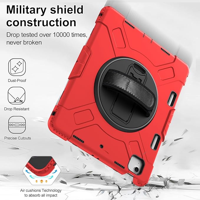 Case for iPad Air 13 Inch M4/M3/M2 (2026/2025/2024): Silicone Shockproof Case with Screen Protector - Stand - Handle - Shoulder Strap - Pen Holder- Red