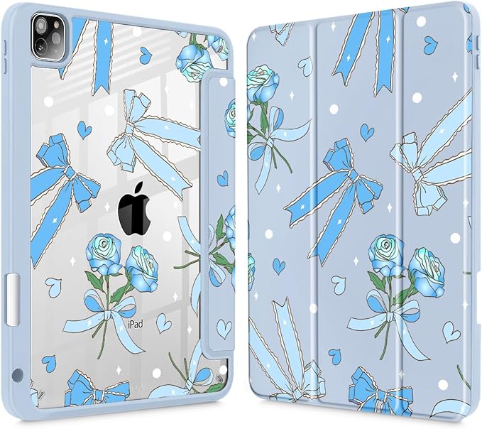 Tuiklol for iPad Pro 11 Inch 4th / 3rd / 2nd / 1st Gen (2022 2021 2020 2018) Case -Built-in Pencil Holder Shockproof Cover Clear Transparent Back Shell with Auto Wake/Sleep, Bow & Rose Blue