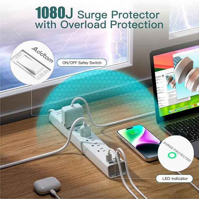 Addtam 5ft Power Strip Surge Protector, 6 Outlets and 4 USB Ports (2 USB C), Ultra Flat Plug Wall Mount, Multi Plug Outlet Extender Desktop Charging Station for Home Office Dorm Room Essentials