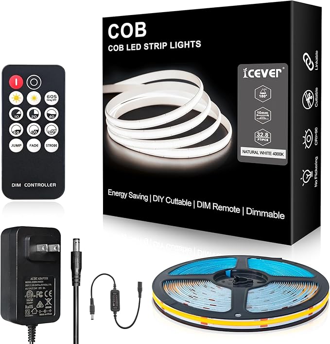 COB LED Strip Lights, ETL Listed Natural White Light Strip 4000K, 32.8ft 24V COB Lights with 3200 LEDs, CRI 90+, Remote, 24V Adapter, LED Light for Cabinets, Home DIY Lighting Indoor Decoration