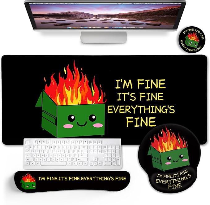 Blusabaca Dumpster on Fire Mouse Pad Desk Pad, Funny Cute Desk Mat Large Gaming Mouse Pad with Wrist Rest, Keyboard Pad Wrist Rest Ergonomic, Cup Coaster, Work Home Desk Accessories Office Supplies