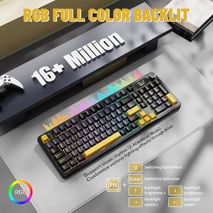 MAMBASNAKE Attack Shark X98 Pro Wireless Mechanical Keyboard with Screen & Knob, 2.4G/USB-C/BT5.0 Gasket Hot Swappable Creamy Keyboard102 Keys, Web Driver RGB Gaming Keyboard for PC/Mac/PS4/Xbox