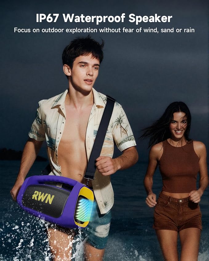 RWN Outdoor Bluetooth Speaker: 160W Loud Sound, IP67 Waterproof with 24H Playtime, Fast Charge, Bass, TWS, Portable Wireless Speakers with Light Show for House, Party, Projector, Beach (PURPLE+YELLOW)