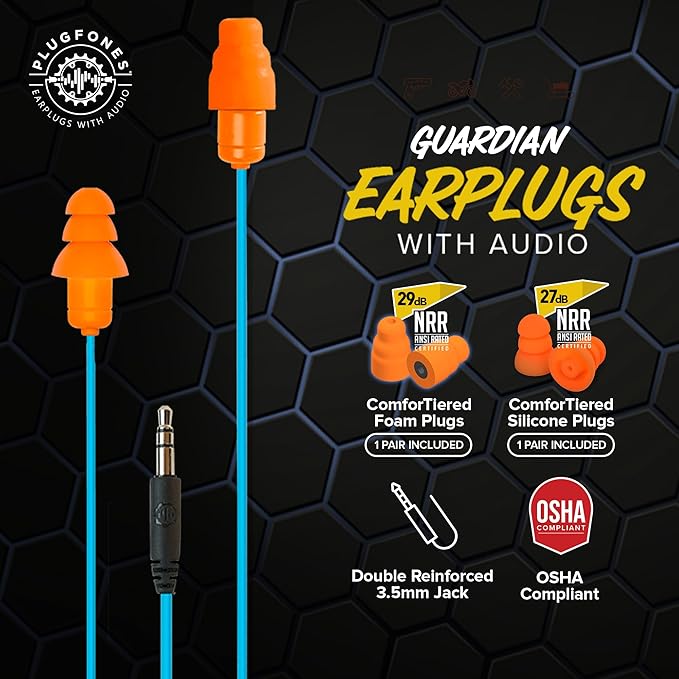 Plugfones Guardian Earplug Headphones - OSHA Approved Noise Isolating in-Ear Earbuds with Hearing Protection - Wired Hybrid for Work and Travel - Includes Silicone and Foam Ear Plugs - Blue & Orange