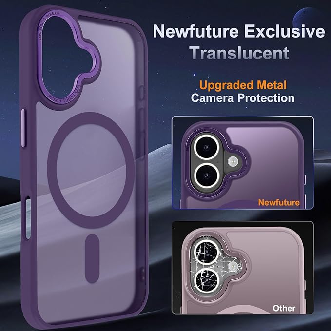 Newfuture Designed for iPhone 16 Case with Magnetic [13 FT Military Drop Protection] [Compatible with Magsafe] Slim Translucent Matte Shockproof with Anti-Fingerprint Phone Case, Deep Purple