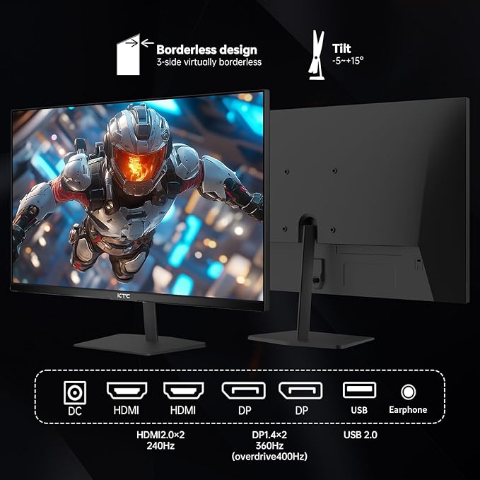 KTC 24.5 Inch 400Hz Gaming Monitor, FHD 1080P 240Hz Computer Monitor, Fast IPS, FreeSync/G-Sync Compatible, HDR400, DisplayPort x2 HDMI x2, VESA, Tilt Adjustable,H25X7