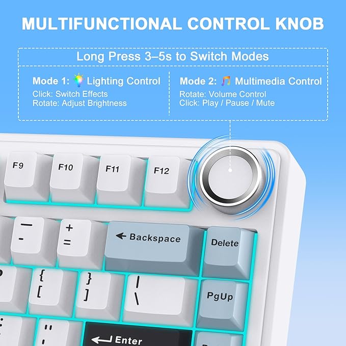 AULA F75 - 75% Wireless Mechanical Keyboard,Hot Swappable Custom Gaming Keyboard with Knob,BT5.0/2.4GHz/USB-C,RGB Backlit,Pre-lubed Reaper Switches,Double Shot PBT Keycaps,Mechanical Gaming Keyboards