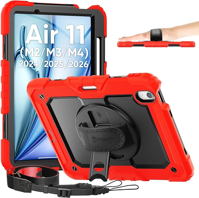 timecity Case for iPad Air 11 Inch M4 / M3 / M2 (2026/2025/ 2024), 360° Rotating Stand, Pencil Holder & Wireless Charging, Shockproof with Screen Protector & Shoulder Strap - for Designers, Red