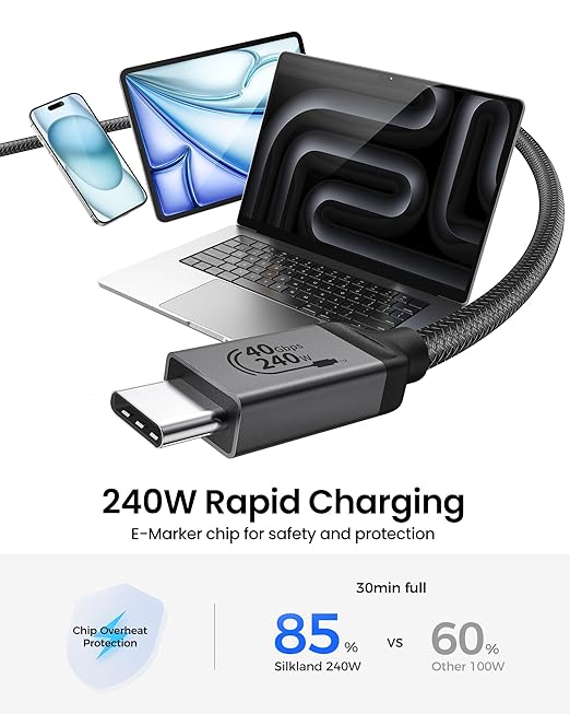 Silkland USB C to USB C Cable 240W, 40Gbps USB 4 Cable [USB-IF Certified] for Thunderbolt 4, 8K/Dual 4K USB C Video Cable Compatible for MacBook, Mac mini, iPhone 17/16, SSD, Monitor, 3.3FT