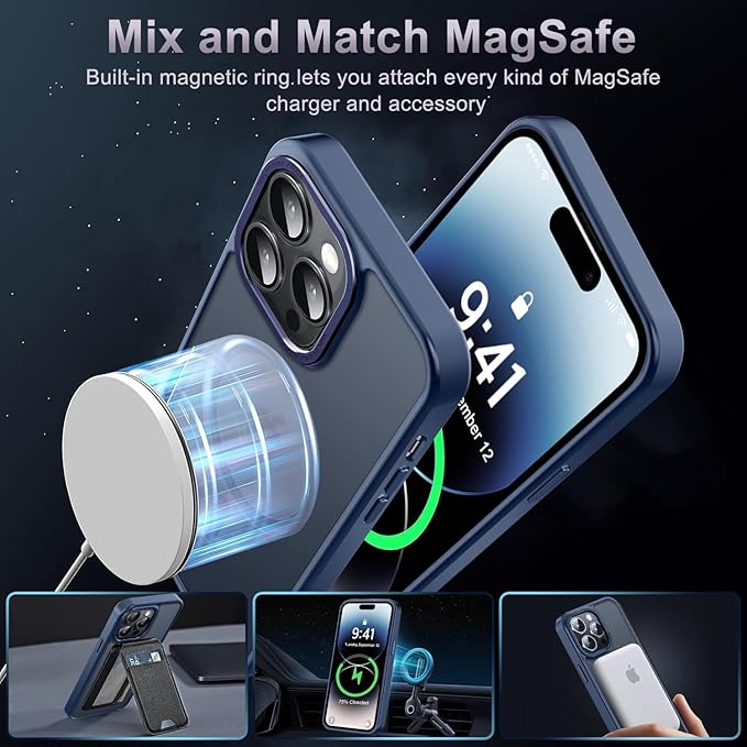 Newfuture Designed for iPhone 14 Pro Case with Magnetic [13 FT Military Drop Protection] [Compatible with Magsafe] Slim Translucent Matte Shockproof with Anti-Fingerprint Phone Case, Navy Blue