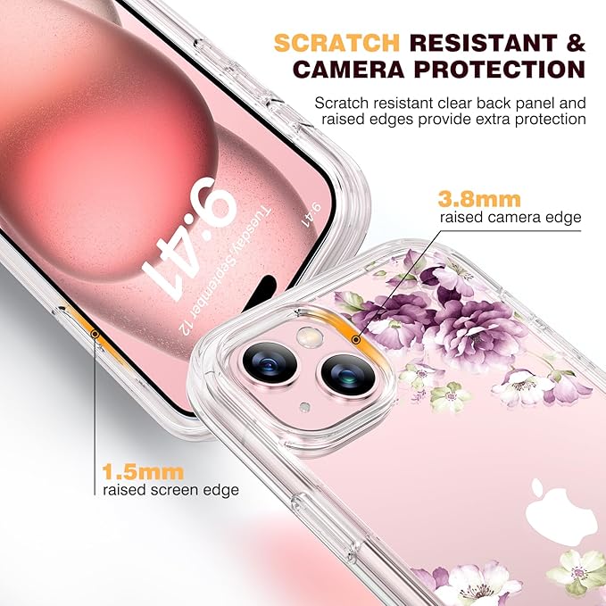 Diaclara Designed for iPhone 15 Case, Full Body Rugged Case with Built-in Touch Sensitive Anti-Scratch Screen Protector, with Camera Lens Protector for iPhone 15 6.1" (Peony)