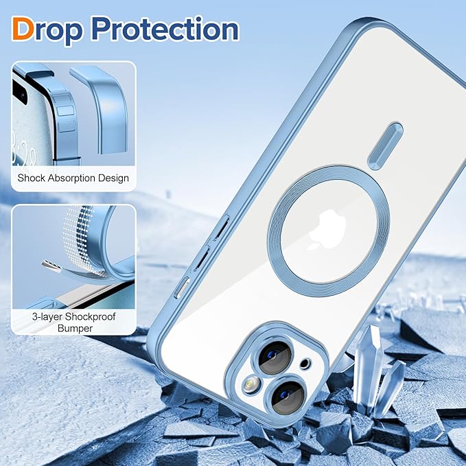 Hython Magnetic Clear for iPhone 15 Plus Case with Camera Lens Protector [Compatible with MagSafe] Luxury Plating Edge Slim Soft TPU Cover Protective Phone Case for iPhone 15 Plus, Matte Light Blue