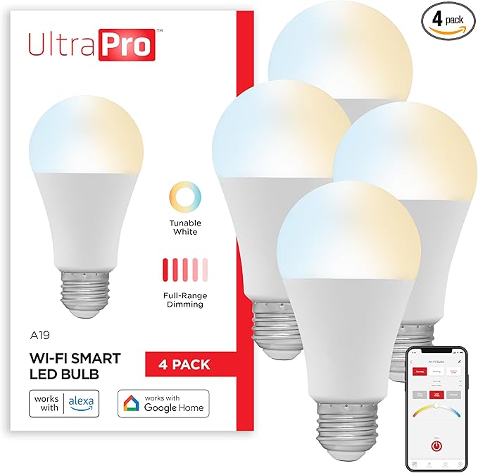 UltraPro Wi-Fi LED Smart Light Bulb, A19, 60W Equivalent, White Select Tunable 2700K - 6500K, Full-Range Dimmability, 2.4GHz Router Required, Circadian Rhythm, Easy-to-Use App, 4 Pack, 51453