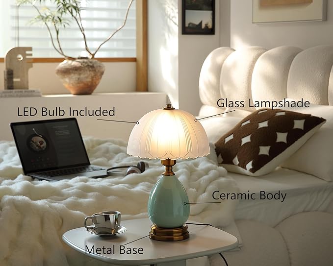 Glivpny Vintage Lamp for Living Room,16" Modern Ceramic Table Lamps for Bedroom,Retro Bedside Nightstand Traditional Lamps, Classic Chinoiserie Green Lamp for Home Decor (LD001)