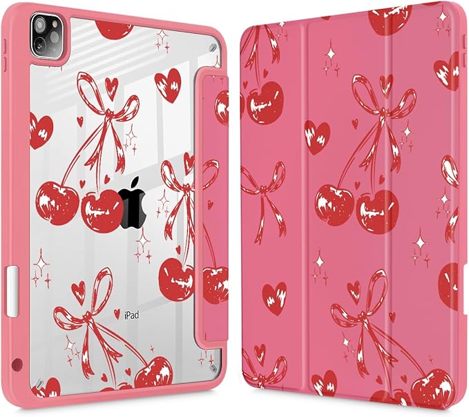 Mektron Case for iPad Pro 11 inch (4th, 3rd, 2nd & 1st Gen) 2022 2021 2020 2018, Buit in Pencil Holder with Shockproof Cover Clear Shell + Trifold Stand + Auto Wake/Sleep, Cherries Bows C388