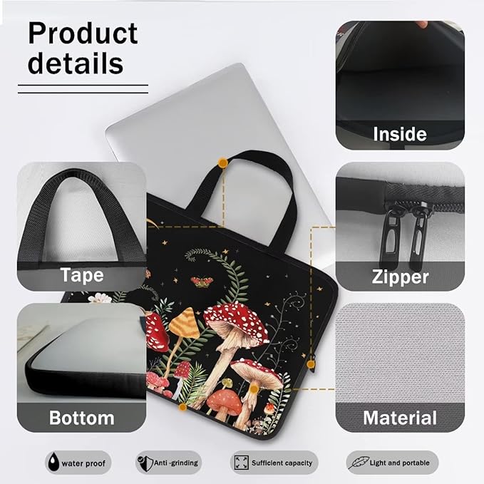 17 Inch Mushroom Laptop Sleeve, Protective Tablet Case with Handle, Shockproof Computer Bag Carrying Case Portable Notebook Cover Messenger Briefcase for Travel/Business/School/Men/Women