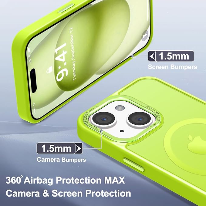 Newfuture Magnetic for iPhone 15 Case [Compatible with Magsafe] [Military Grade Drop Protection] Translucent Matte Anti-Fingerprint Shockproof Phone Case for iPhone 15 6.1 inch, Fluorescent Green