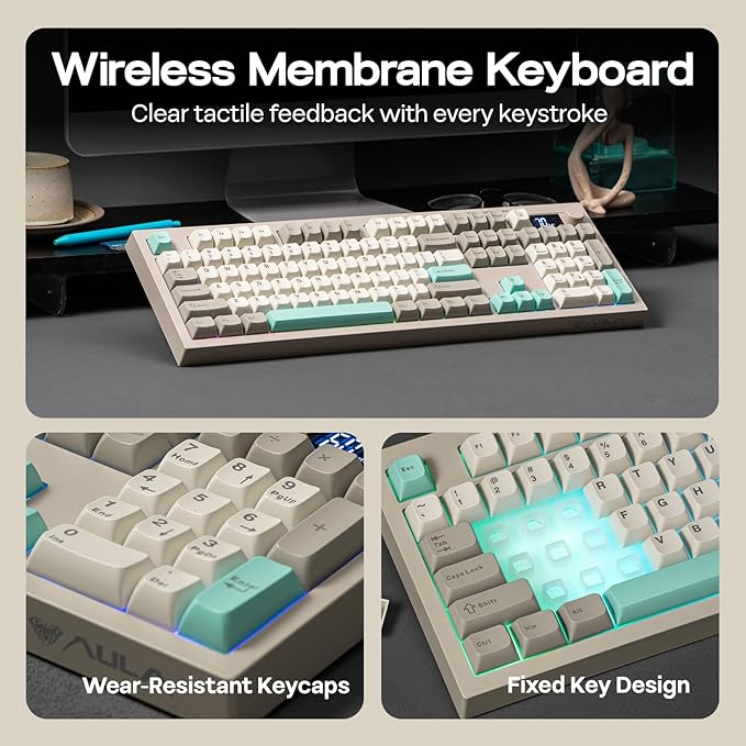 EPOMAKER Aula S102 PRO Membrane Gaming Keyboard with TFT Screen, Volume Knob & Number Pad, BT/2.4G/USB, RGB Backlit, Creamy Silicone Structure, Silent Keyboard for PC Game/Office (Grey)