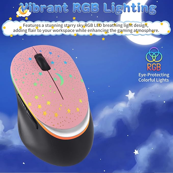 elec Space Bluetooth Wireless Mouse with Starry Sky RGB Backlight - Ergonomic Dual Mode Rechargeable Mouse, Type-C Charging - Perfect for Office, Gaming & Travel (Pink)