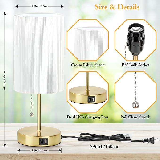 Lakumu 2 Sets Table Lamps with 2 USB, Minimalist Beside Lamps for Bedroom, Nightstand Lamp with Pull Chain, Desk Lamps with White Pleated Shade and Gold Metal Base for Living Room Dorm Reading Hotel