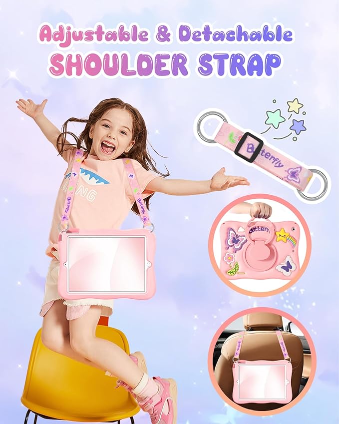 Kidcube for iPad 9th/8th/7th Generation Case 10.2 Inch - for Girls Cute Girly Kawaii 3D Butterfly Design Cover with Rotating Stand & Strap Unique Silicone Teens Women for iPad 9th/8th/7th Gen Case