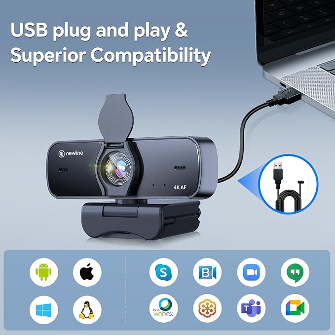 4K Webcam for PC with Fast Autofocus and Sony Sensor, Dual Noise-Reduction Microphones, Auto Light Correction, 4K 30FPS UHD, 77° FOV USB Webcam with Tripod for Zoom, Teams, Mac and Streaming