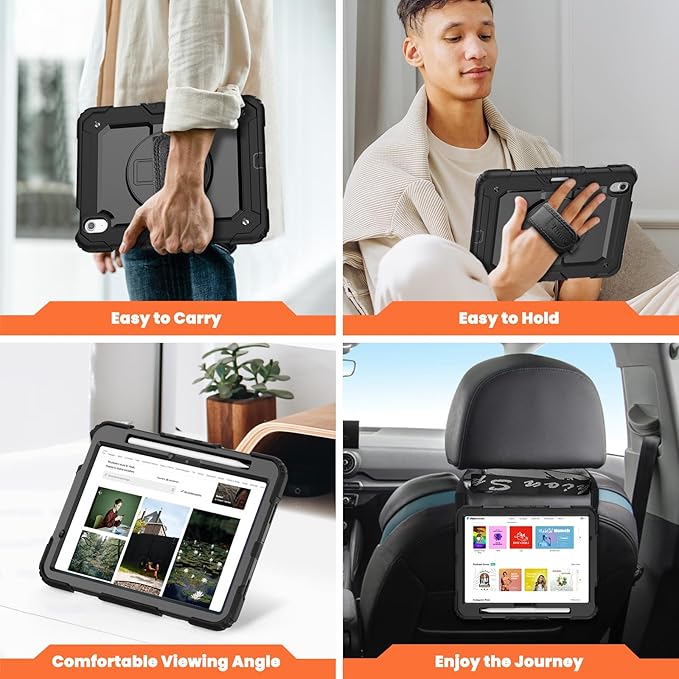 timecity Case for iPad Air 11 Inch M4 / M3 / M2 (2026/2025/ 2024), 360° Rotating Stand, Pencil Holder & Wireless Charging, Shockproof with Screen Protector & Shoulder Strap - for Designers, Black