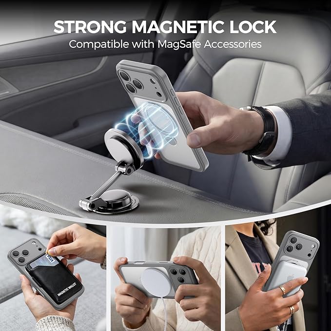 for iPhone 17 Pro Max Case [ 360° Spin Magnetic Stand] [Full Camera Protection] Compatible with Magsafe, 15FT Military-Grade Protection, Translucent Matte Anti-Slip Phone Case 6.9'', Gray