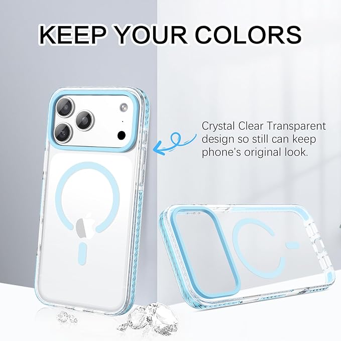 BENTOBEN Magnetic for iPhone 17 Pro 6.3" Case, Compatible with Magsafe Military Shockproof Protective Bumper Cute Transparent Slim Anti-Yellowing Phone Case for iPhone 17 Pro Cover, Clear Blue