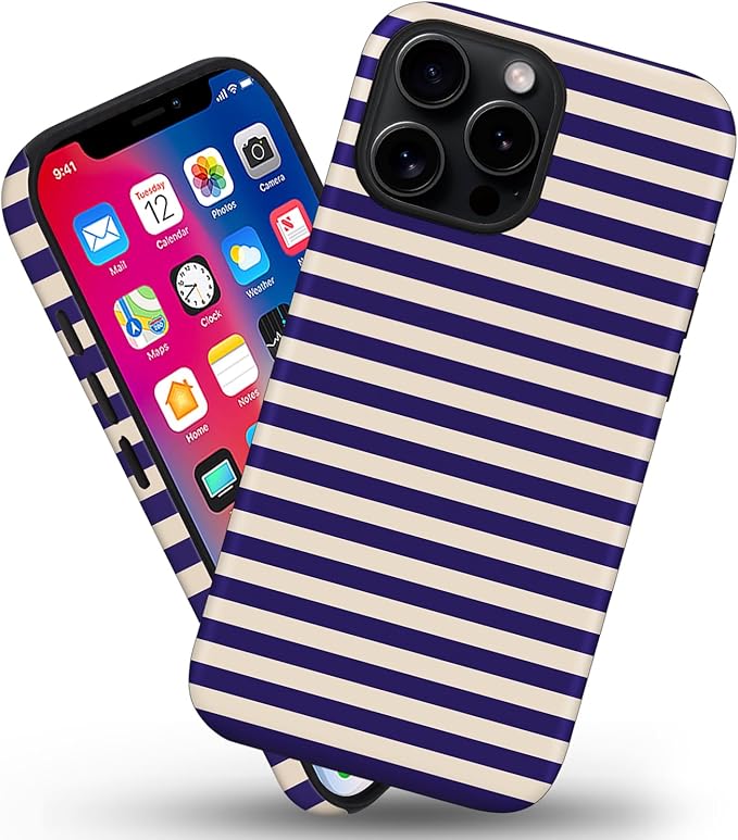 Magnetic for iPhone 15 Plus Case Cute Stripes Phone Case, Shockproof Slim TPU and Hard PC Protective Phone Cover Compatible with MagSafe Designed for Women Girls, Blue&Apricot