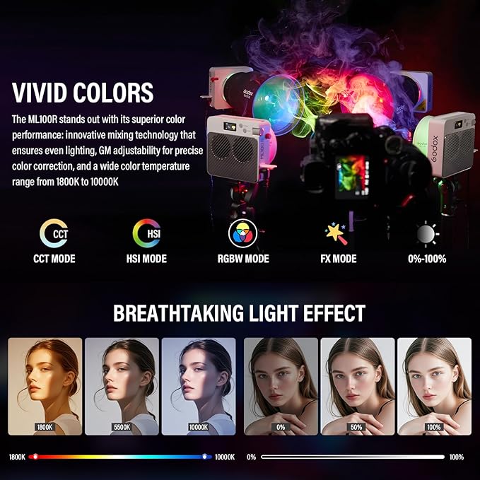Godox ML100R RGB COB LED Video Light with Battery/Carry Case/Light Stand, Godox Mount 110W Full-Color 1800K-10000K CRI 97+/TLCI 98+ 14 FX Effects Support APP Control for Studio/Live Streaming/Outdoor