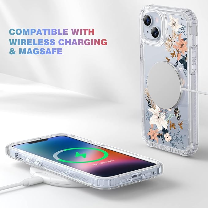 Diaclara Designed for iPhone 14 Case, Full Body Rugged Case with Built-in Touch Sensitive Anti-Scratch Screen Protector, with Camera Lens Protector for iPhone 14 6.1" (Lily) Butterfly