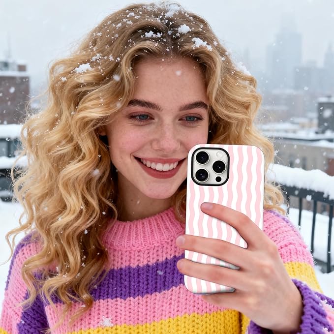 Magnetic for iPhone 15 Case Cute Wavy Stripes Phone Case, Shockproof Slim TPU and Hard PC Protective Phone Cover Compatible with MagSafe Designed for Women Girls, Pink