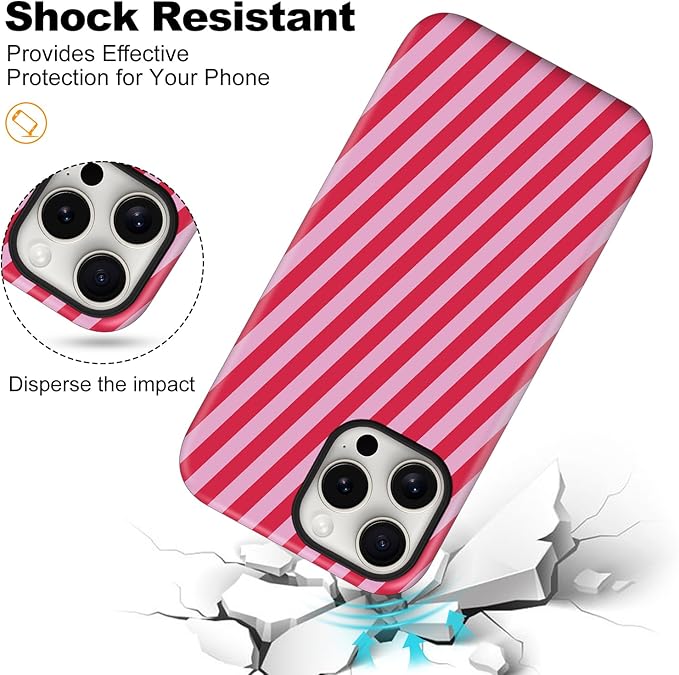 Magnetic for iPhone 15 Pro Max Case Cute Diagonal Stripes Phone Case, Shockproof Slim TPU and Hard PC Protective Phone Cover Compatible with MagSafe Designed for Women Girls,Red