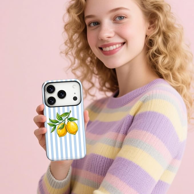 Magnetic for iPhone 17 Pro Max Case Cute Lemon Stripes Phone Case, Shockproof Slim TPU and Hard PC Protective Phone Cover Compatible with MagSafe Designed for Women Girls, Blue