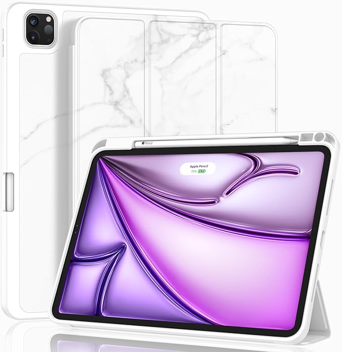 ZryXal New iPad Air 13 Inch Case M3 2025/M2 2024 with Pencil Holder, Trifold Stand Smart Case with Soft TPU Back,Auto Wake/Sleep(Marble White)