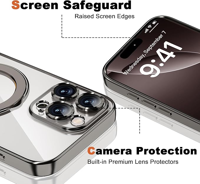 Compatible with iPhone 16 Pro Max Case with Invisible Magnetic Ring Stand [Compatible with Mag-Safe] [Full Camera Lens Protector] Plating Clear Phone Case for iPhone 16 Pro Max 6.9", Grey