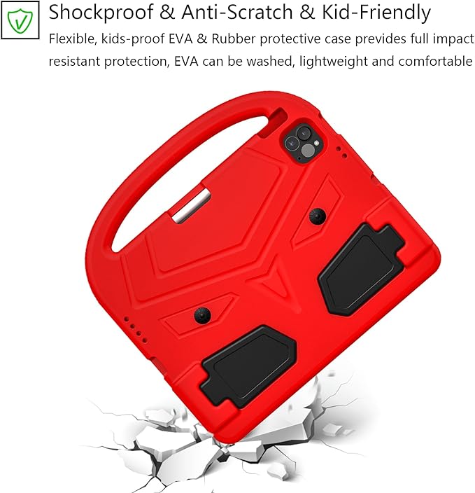 Kids Case for Apple iPad Pro 11 inch M5/M4 Tablet (2025/2024) with Pencil Holder/Handle/Kickstand Slim Lightweight Cute Soft EVA Foam Shockproof Stand Cover for Boys Girls Teens, Red Bird