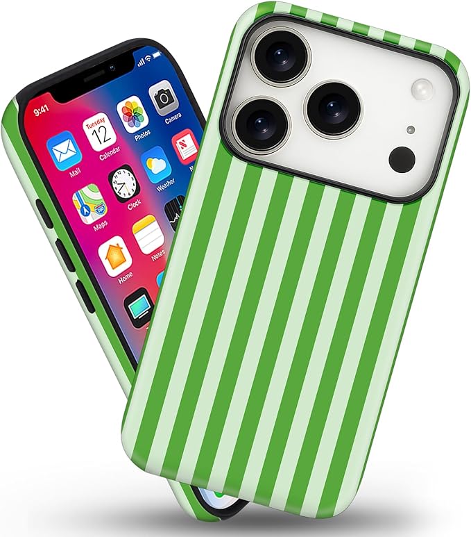 Magnetic for iPhone 17 Pro Case Cute Stripes Phone Case, Shockproof Slim TPU and Hard PC Protective Phone Cover Compatible with MagSafe Designed for Women Girls, Deep Green