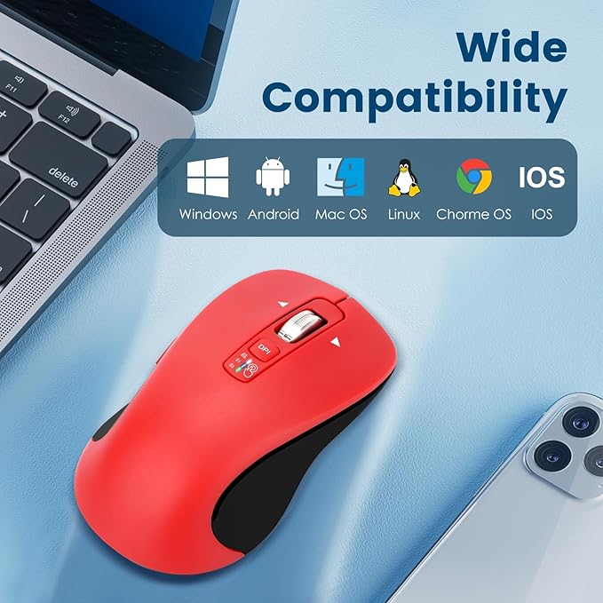 CITLLA Wireless Bluetooth Mouse (USB + BT1 + BT2), Full Size, 4-Way Scrolling, Multi-Device Silent Mouse for Computer, Laptop, iPad, MacBook (Red)