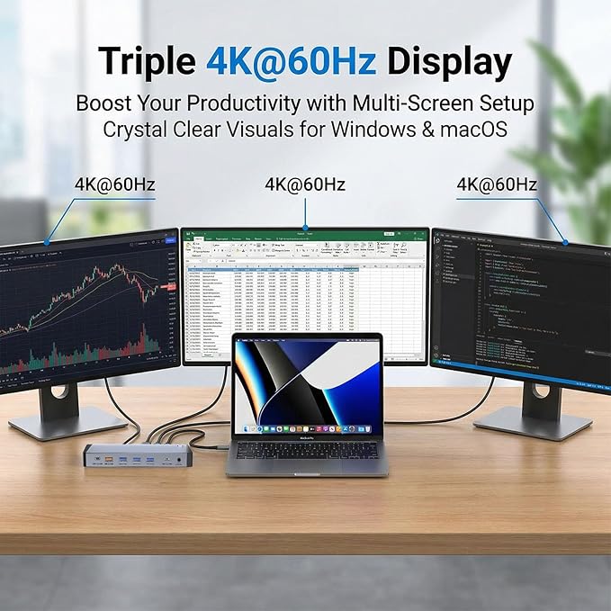 13-in-1 Laptop Docking Station 3 Monitors for Mac and Windows, USB C Hub with Triple 4K@60Hz (2DP+1HDMI), 100W PD Charging, One-Click Screen Off Switch, 10Gbps Data, Gigabit LAN, for Office and Gaming