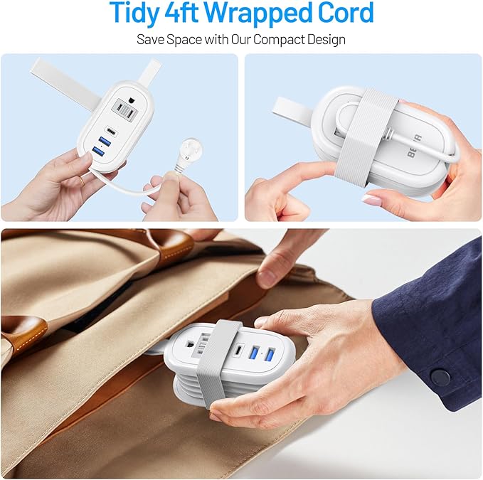 BEVA Travel Power Strip with USB C Ports, PD 20W Fast Charge 2 Outlets 3 USB Ports, 4 FT Travel Flat Plug Extension Cord, Non Surge Protector for Cruise Ship Travel Essentials(PD20W Charge White)
